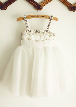 Ivory Beaded Satin Tulle Tutu Flower Girl Dress First Communion Dress